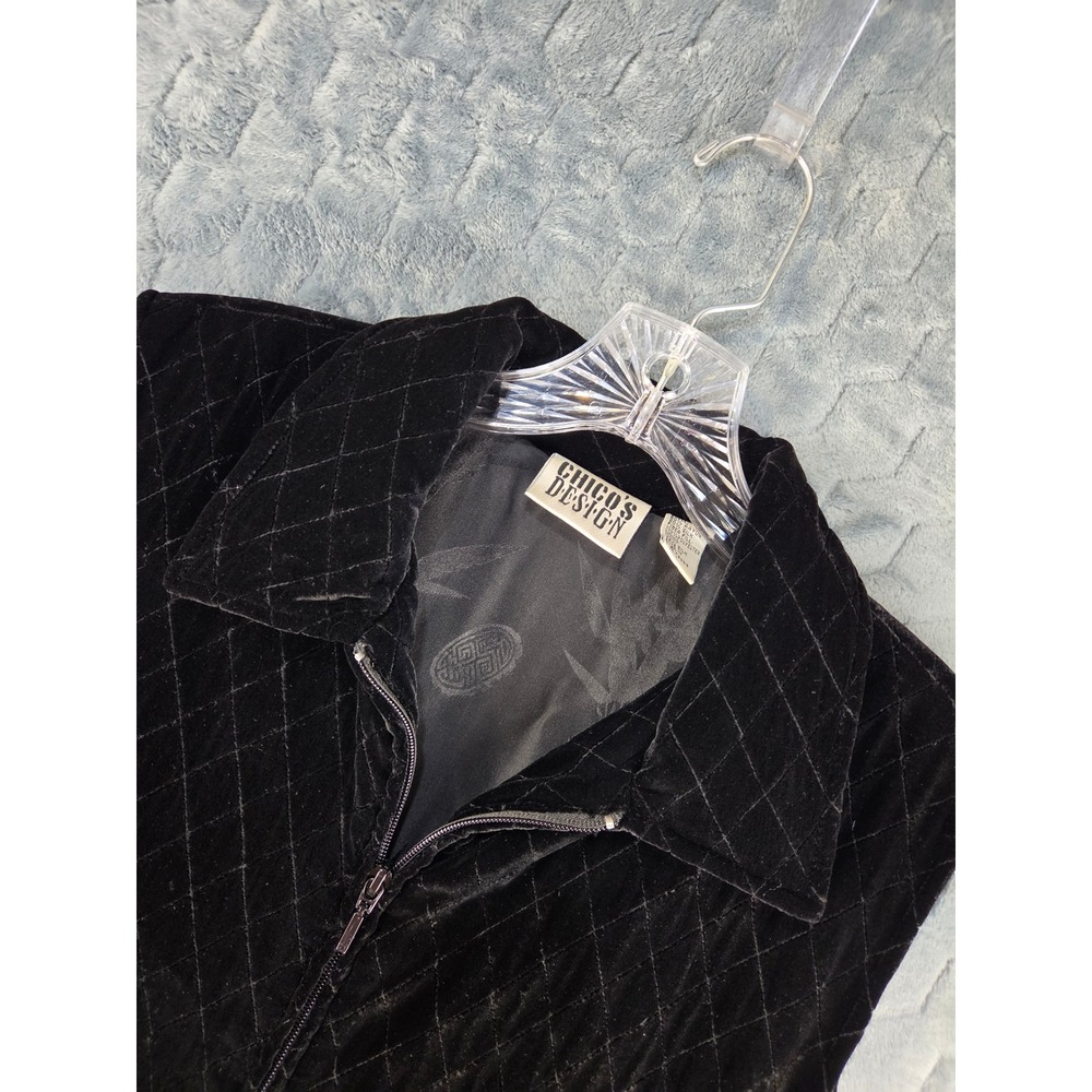 Chico's Design Black Quilted Velvet Silk Blend Zip Up Vest Size 1 Medium